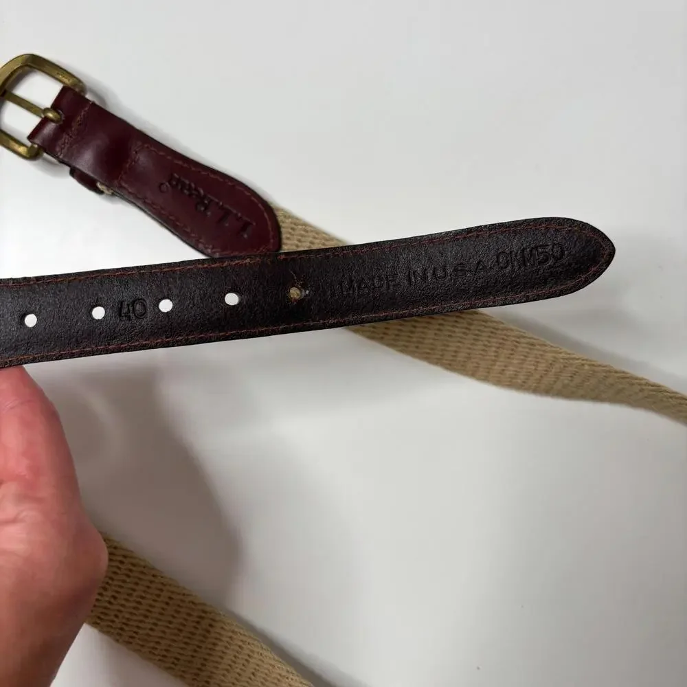LL Bean Beige & Brown Fabric & Leather Belt Men 40 USA Made Classic Brass Buckle